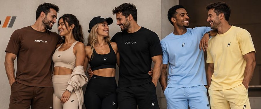 Grupo de seis amigos rindo, com roupas JUNTO em marrom, preto, azul e amarelo