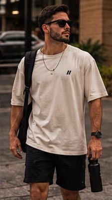 Homem na rua com camiseta oversized areia e bermuda preta